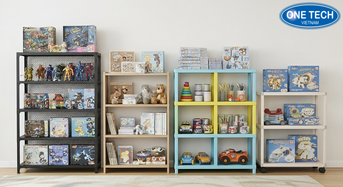 Mẫu kệ trưng bày đồ chơi trẻ em hot trend So sánh các mẫu kệ trưng bày đồ chơi trẻ em hot trend: kệ lưng lưới, kệ gỗ, kệ nhựa, kệ bánh xe