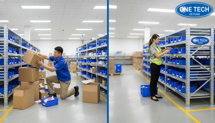 So sánh quy trình lấy hàng thủ công và lấy hàng với kệ con lăn