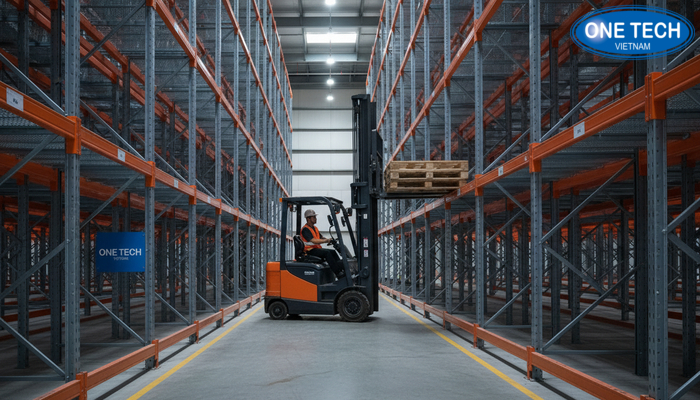 Thao tác xe nâng lấy pallet phía trong của kệ double deep