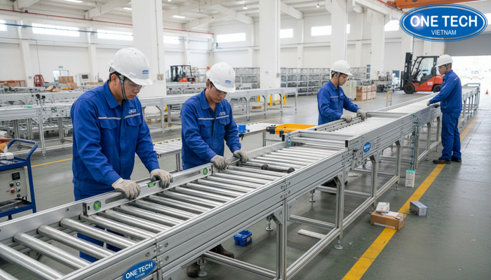 Thi công lắp đặt kệ con lăn và căn chỉnh line tại kho