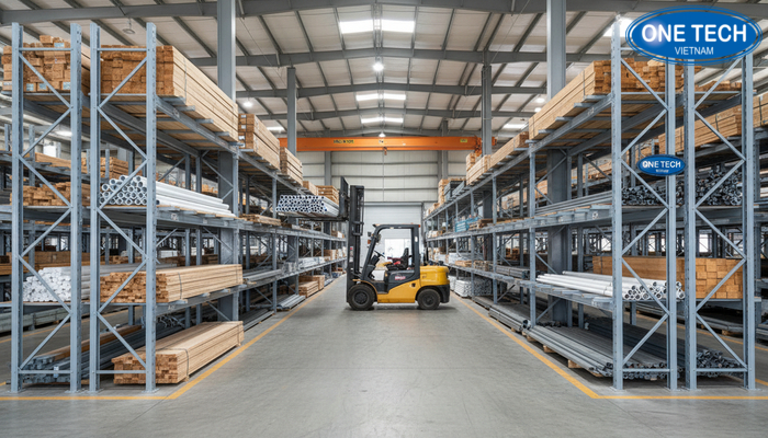 Hình ảnh thực tế kệ tay đỡ trong kho hàng công nghiệp, có lối đi xe nâng