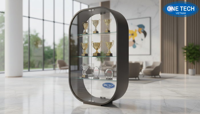Tủ kệ trưng bày cúp kính cường lực cho showroom và sảnh lễ tân