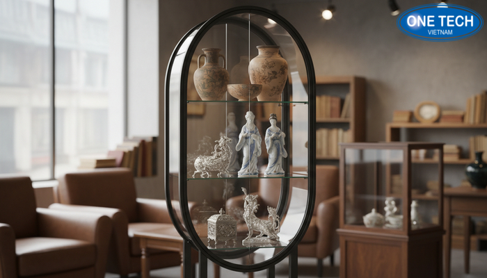 Kệ trưng bày đồ cổ cho cửa hàng triển lãm Tủ kính trưng bày đồ cổ trong cửa hàng và phòng triển lãm