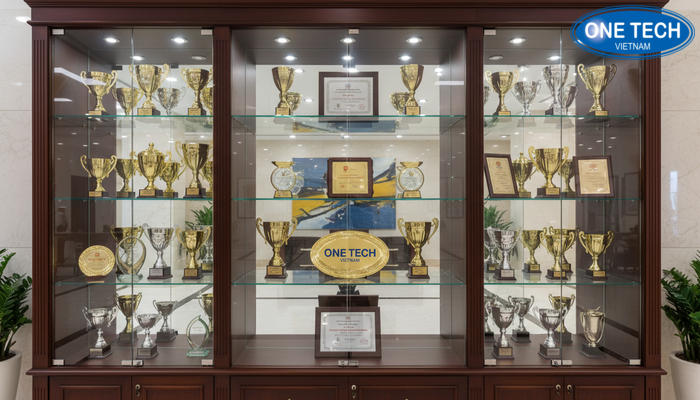 Tủ trưng bày cúp kết hợp khung gỗ và kính sang trọng