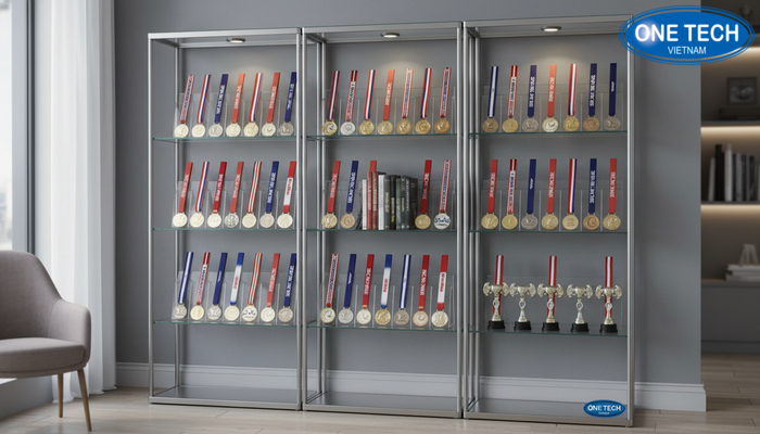 Tủ trưng bày huy chương phân tầng giúp sắp xếp theo chủ đề