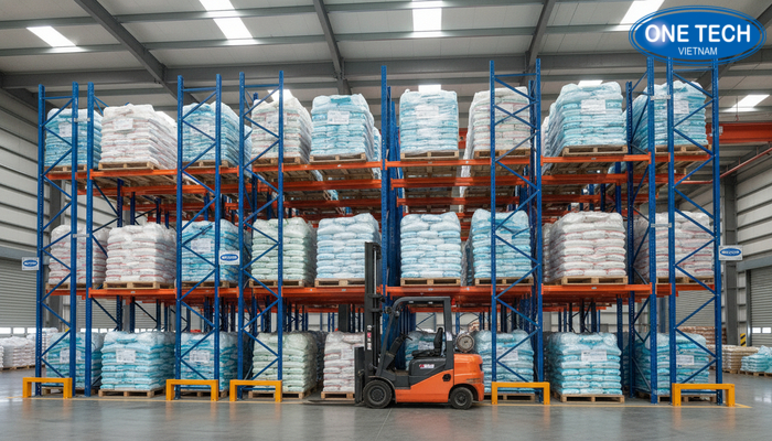 Kệ drive in cho kho hạt nhựa với pallet đồng nhất và kênh kệ sâu