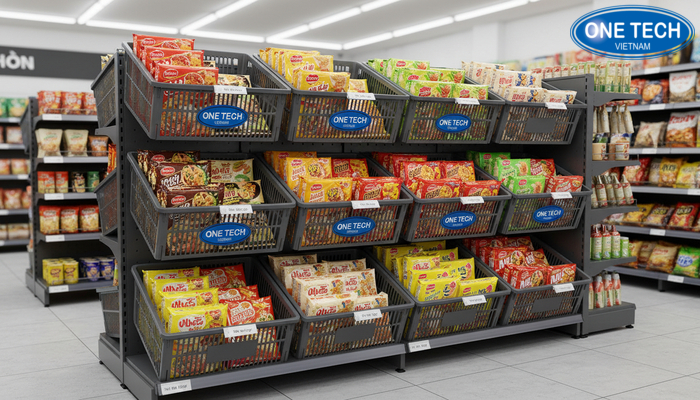Ứng dụng kệ rổ mì trong siêu thị mini, trưng bày theo nhóm vị