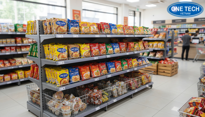 Ứng dụng kệ rổ mì trong tạp hóa quy mô nhỏ, gom hàng bán chạy