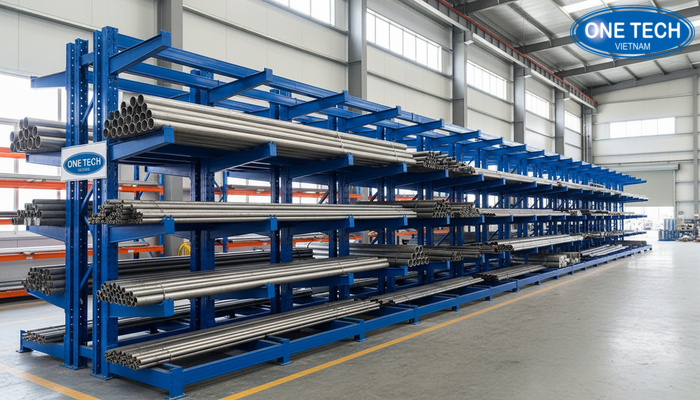 Kệ tay đỡ lưu trữ ống thép theo từng nhóm kích thước trong kho