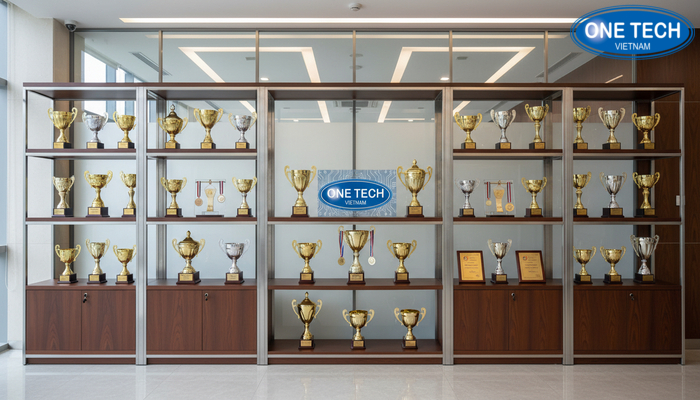 Ứng dụng kệ trưng bày cúp trong văn phòng, showroom, trường học và câu lạc bộ thể thao