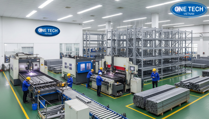 Khu vực gia công kệ sắt công nghiệp của OneTech