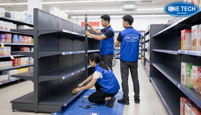 Kỹ thuật lắp đặt kệ trưng bày Đội ngũ kỹ thuật hỗ trợ lắp đặt và căn chỉnh kệ