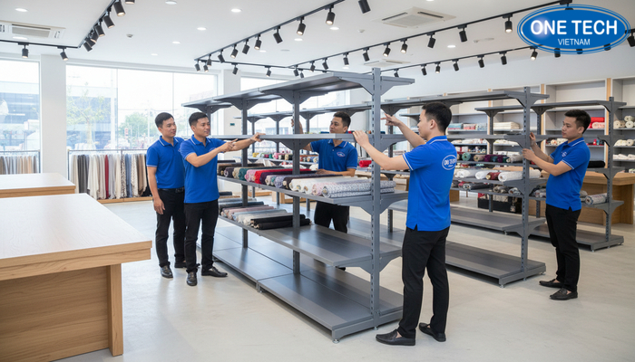 Đội ngũ tư vấn và hỗ trợ lắp đặt kệ trưng bày vải, kiểm tra cân chỉnh và hướng dẫn sử dụng