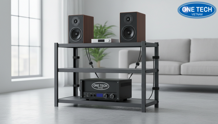 Minh họa bố trí kệ trưng bày loa đúng kỹ thuật, tản nhiệt tốt