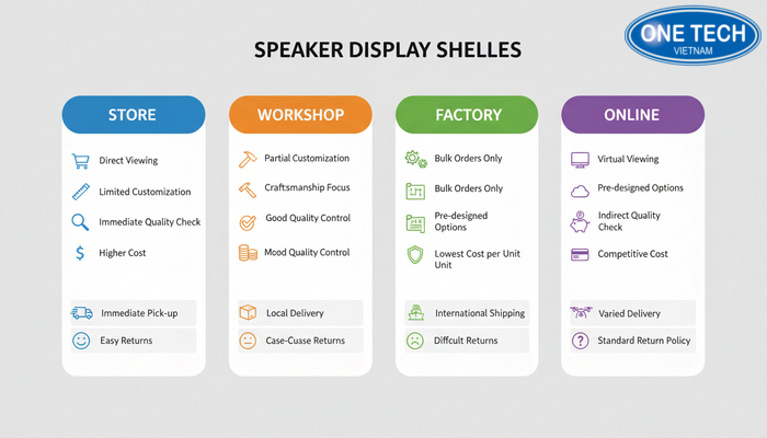 Infographic so sánh kênh mua kệ trưng bày loa: cửa hàng, xưởng, nhà máy, online