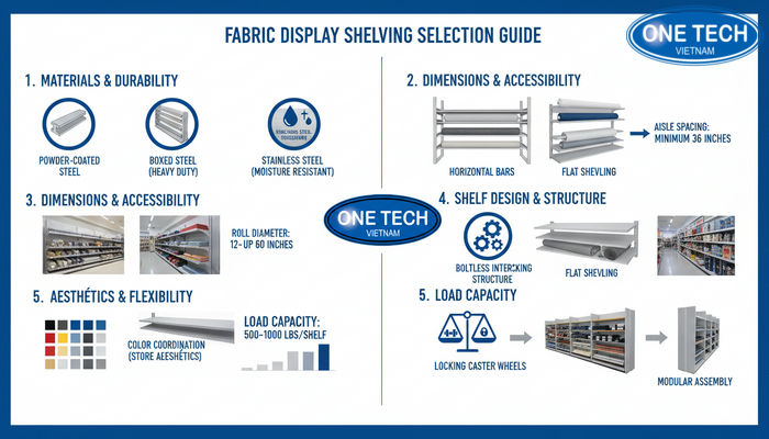 Infographic tiêu chí chọn kệ trưng bày vải: chất liệu, kích thước, tải trọng, thiết kế, thẩm mỹ, linh hoạt