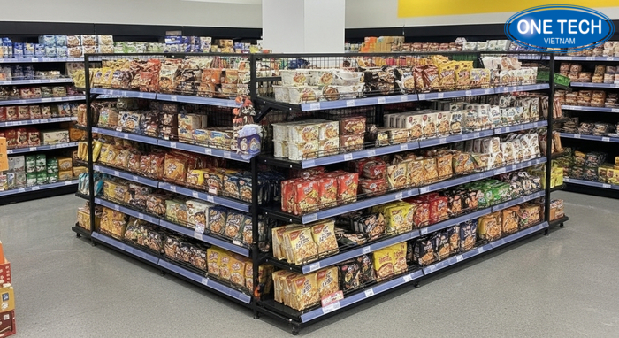 Kệ chữ U trưng bày mì tôm Kệ chữ U trưng bày mì tôm dạng đảo giữa cửa hàng