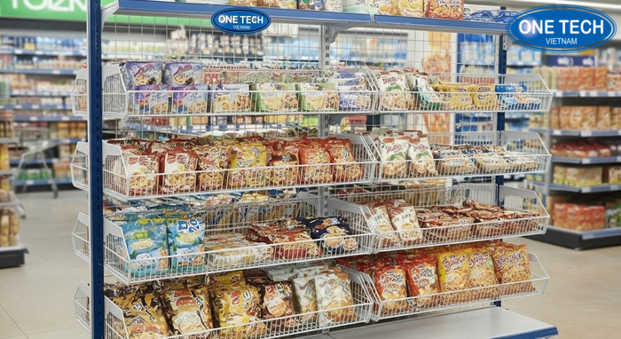 Kệ giỏ mì trưng bày mì gói và snack dễ châm hàng