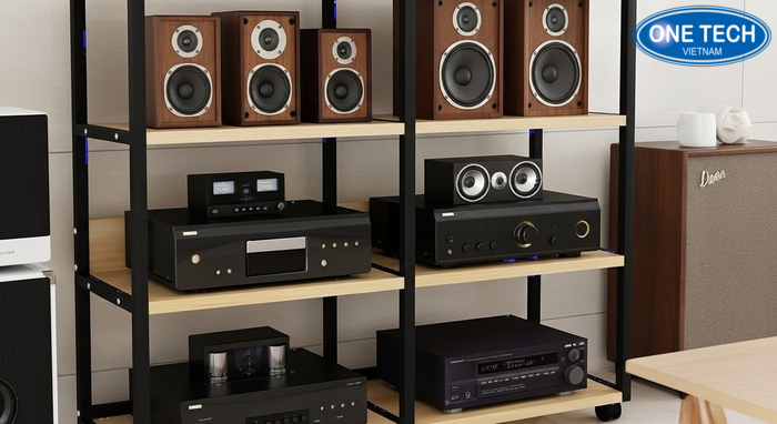 Kệ khung sắt mặt gỗ trưng bày loa và amply chắc chắn