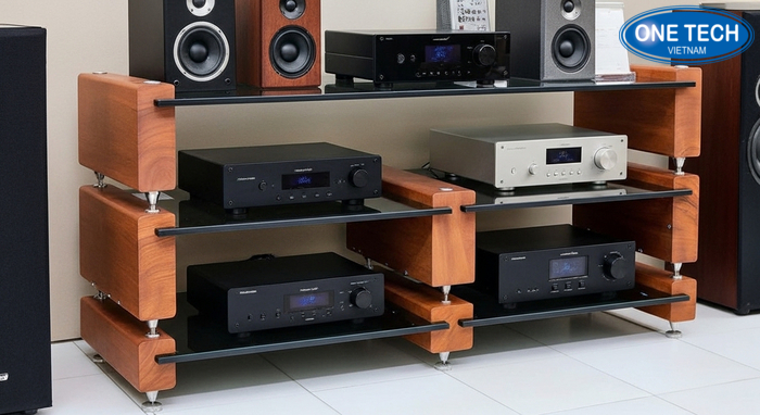 Kệ kính cường lực trưng bày loa và amply