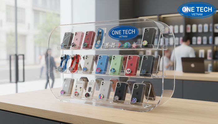 Kệ mica trưng bày phụ kiện điện thoại Kệ mica trưng bày ốp lưng và phụ kiện điện thoại gọn đẹp