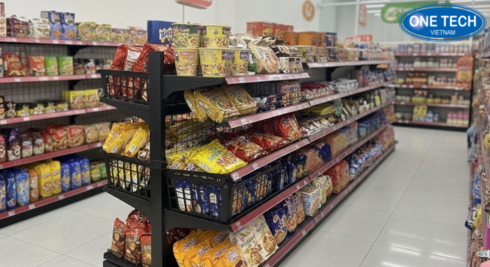 Kệ rổ đựng mì tôm Kệ rổ đựng mì tôm bằng kim loại thiết kế mở