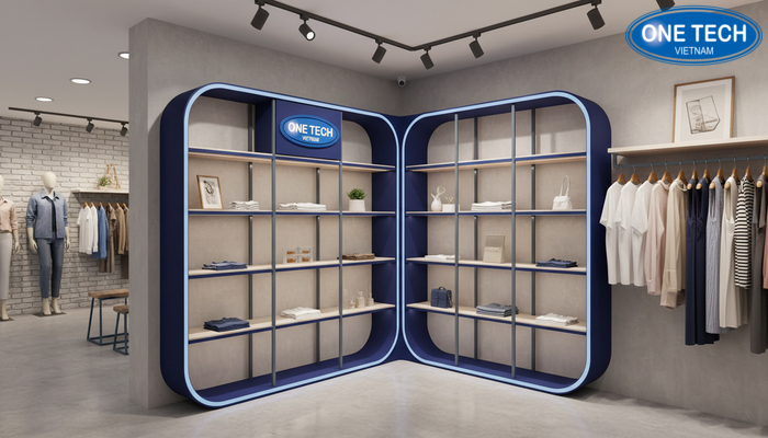 Kệ trưng bày theo yêu cầu Kệ theo yêu cầu tích hợp logo và màu thương hiệu