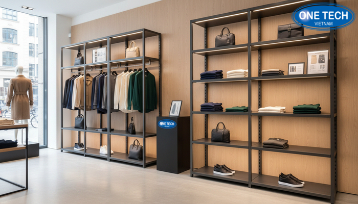 Kệ thông minh cho shop thời trang Kệ thông minh kết hợp lưu trữ và trưng bày trong shop thời trang