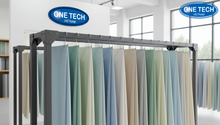 Kệ treo vải ngang giúp trưng bày mẫu vải gọn, dễ xem độ rủ