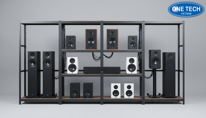 Bố trí kệ trưng bày loa trong studio, dễ đi dây và chống rung