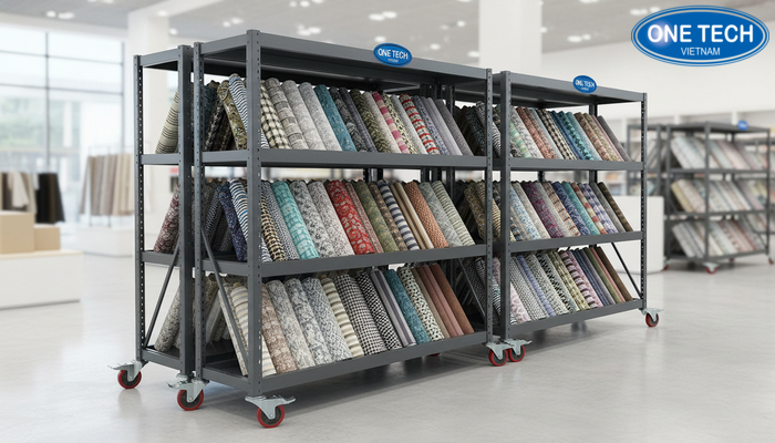 Kệ trưng bày vải có bánh xe di động, có khóa bánh an toàn