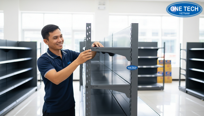 Khách hàng hài lòng khi lắp đặt kệ trưng bày hàng tạp hóa
