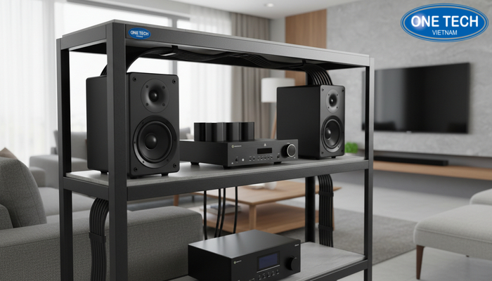 Minh họa đi dây gọn cho kệ để loa và amply