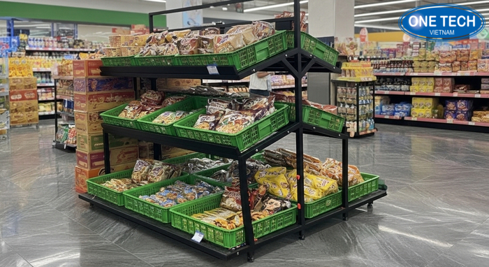 Phối cảnh kệ trưng bày mì tôm và đồ ăn nhẹ Phối cảnh trưng bày mì tôm kết hợp snack trong cửa hàng