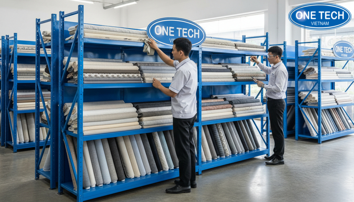 Minh họa vệ sinh và bảo quản kệ trưng bày vải: lau khô, kiểm tra liên kết, xử lý điểm trầy sơn