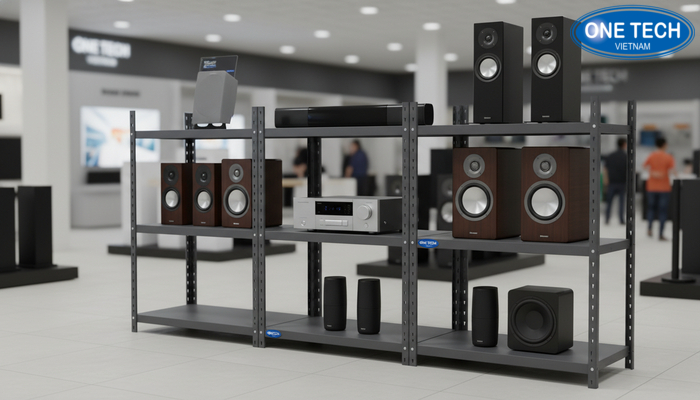 Khu vực trưng bày kệ và thiết bị âm thanh mẫu