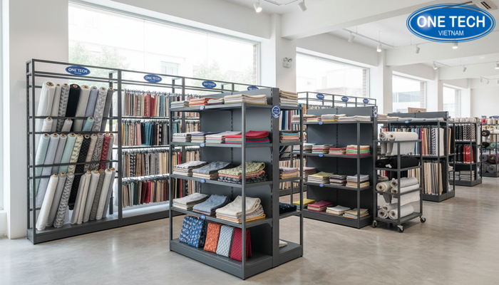 Ảnh so sánh các loại kệ trưng bày vải: kệ cuộn, kệ treo ngang, kệ đa tầng, kệ di động