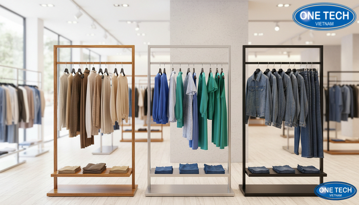 So sánh chất liệu kệ trưng bày shop quần áo So sánh kệ gỗ inox thép sơn tĩnh điện trong shop quần áo