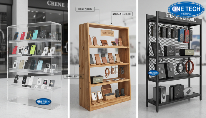 So sánh kệ mica sắt gỗ trưng bày phụ kiện điện thoại So sánh kệ mica, kệ sắt, kệ gỗ trưng bày phụ kiện điện thoại theo ưu nhược điểm