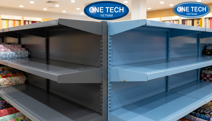 So sánh trực quan chất liệu và lớp sơn của kệ trưng bày vải, bề mặt dễ vệ sinh và chống gỉ