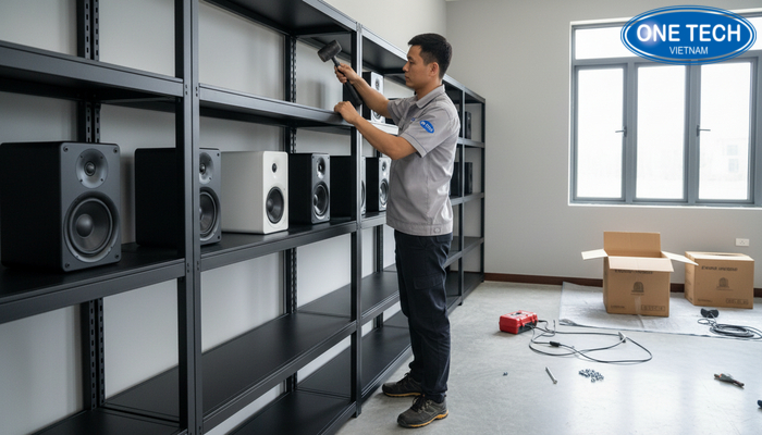 Hình ảnh thi công kệ trưng bày loa tại công trình ở Đồng Tháp