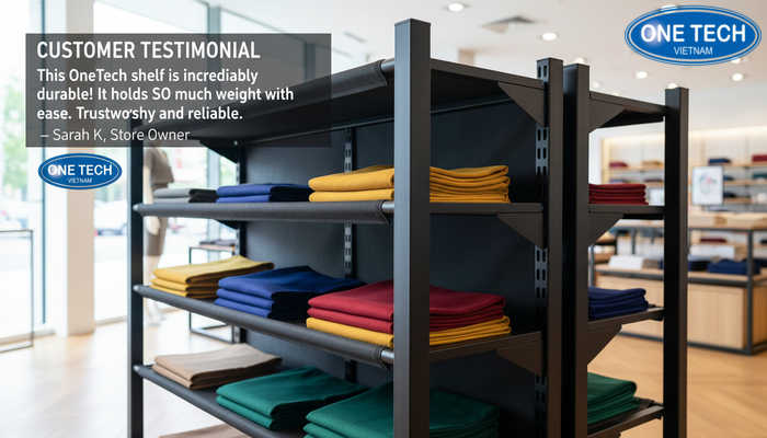 Trích dẫn đánh giá khách hàng về độ bền và khả năng chịu lực của kệ trưng bày vải