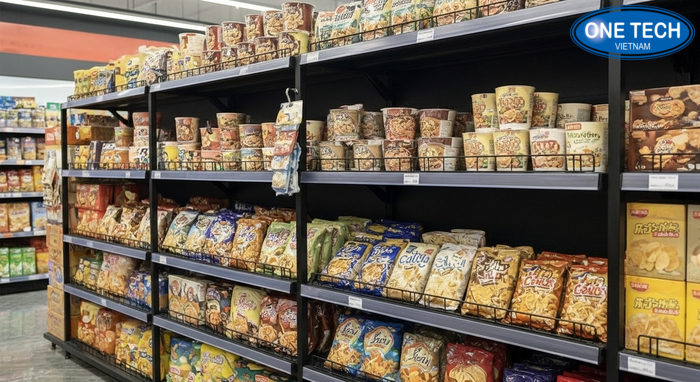 Kệ đa năng trưng bày mì tôm và đồ ăn nhẹ Trưng bày mì tôm kết hợp snack và bim bim trên kệ đa năng