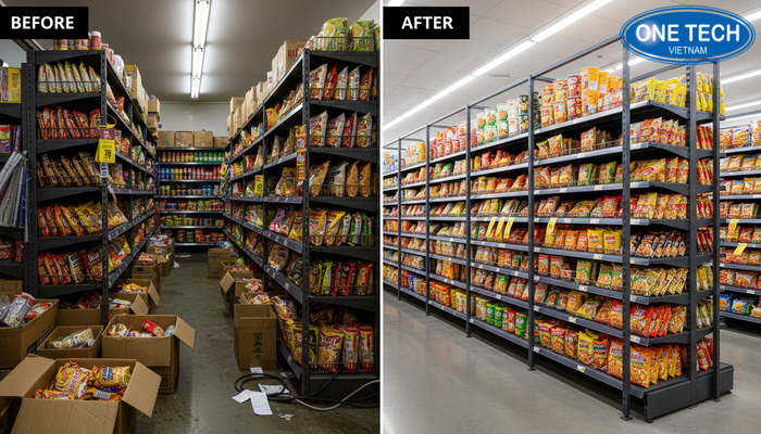Lợi ích của kệ trưng bày mì tôm So sánh trước và sau khi đầu tư kệ trưng bày mì tôm chuyên nghiệp