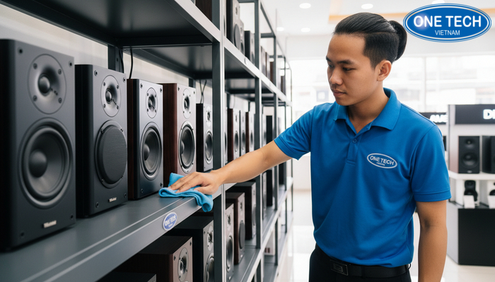 Vệ sinh và kiểm tra kệ trưng bày loa định kỳ để tăng độ bền