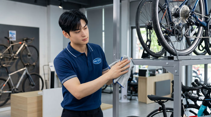 Thao tác vệ sinh và bảo dưỡng kệ trưng bày xe đạp để giữ độ bền và thẩm mỹ