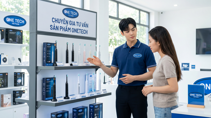 Nhân viên tư vấn và kỹ thuật hỗ trợ chọn mẫu và lắp đặt kệ trưng bày bàn chải đánh răng