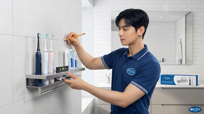 Minh họa các bước lắp đặt kệ treo tường bàn chải đánh răng trong nhà tắm