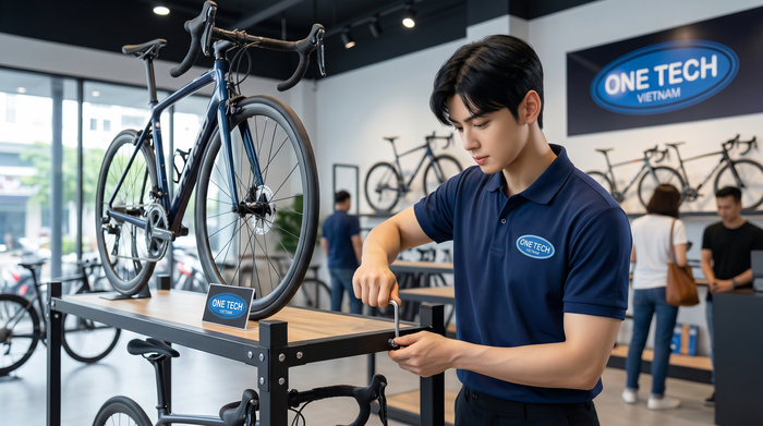 Kỹ thuật viên lắp đặt kệ trưng bày xe đạp và căn chỉnh độ vững