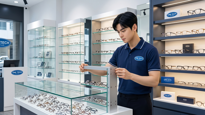 Lắp đặt kệ trưng bày kính mắt thực tế Hình ảnh lắp đặt kệ trưng bày kính mắt tại cửa hàng
